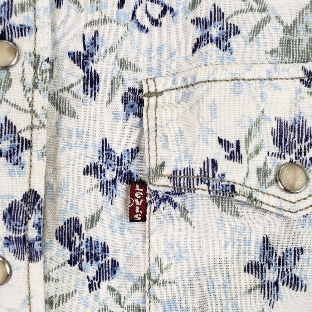 Levis Floral Western Pearl Snap Shirt Womens M White Blue Cowgirl Boho - Picture 5 of 10